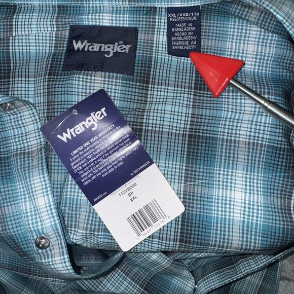 NWT Wrangler Boys XXL Light Blue Plaid Logo Button Down Shirt Western Cowboy - Picture 6 of 8